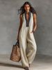 Women's Simple Linen Blend Jumpsuit Sleeveless Zipper Stand up Collar European American Style 2026 Cross Border Fashion_ecoleips.com