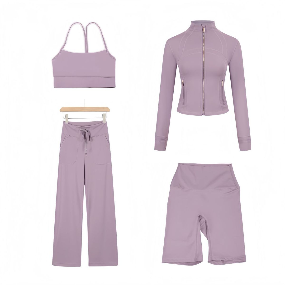 Women's 4-Piece Activewear Set - Y-Back Crop Top, Cropped Jacket, 5-Inch Shorts & Straight Leg Pants - Stretchy Nylon Sporty Outfit_ecoleips.com