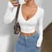 Voya Women's Sexy V-neck T-shirt With Spring And Summer Solid Color Design And Exposed Navel Long Sleeved Top_ecoleips.com