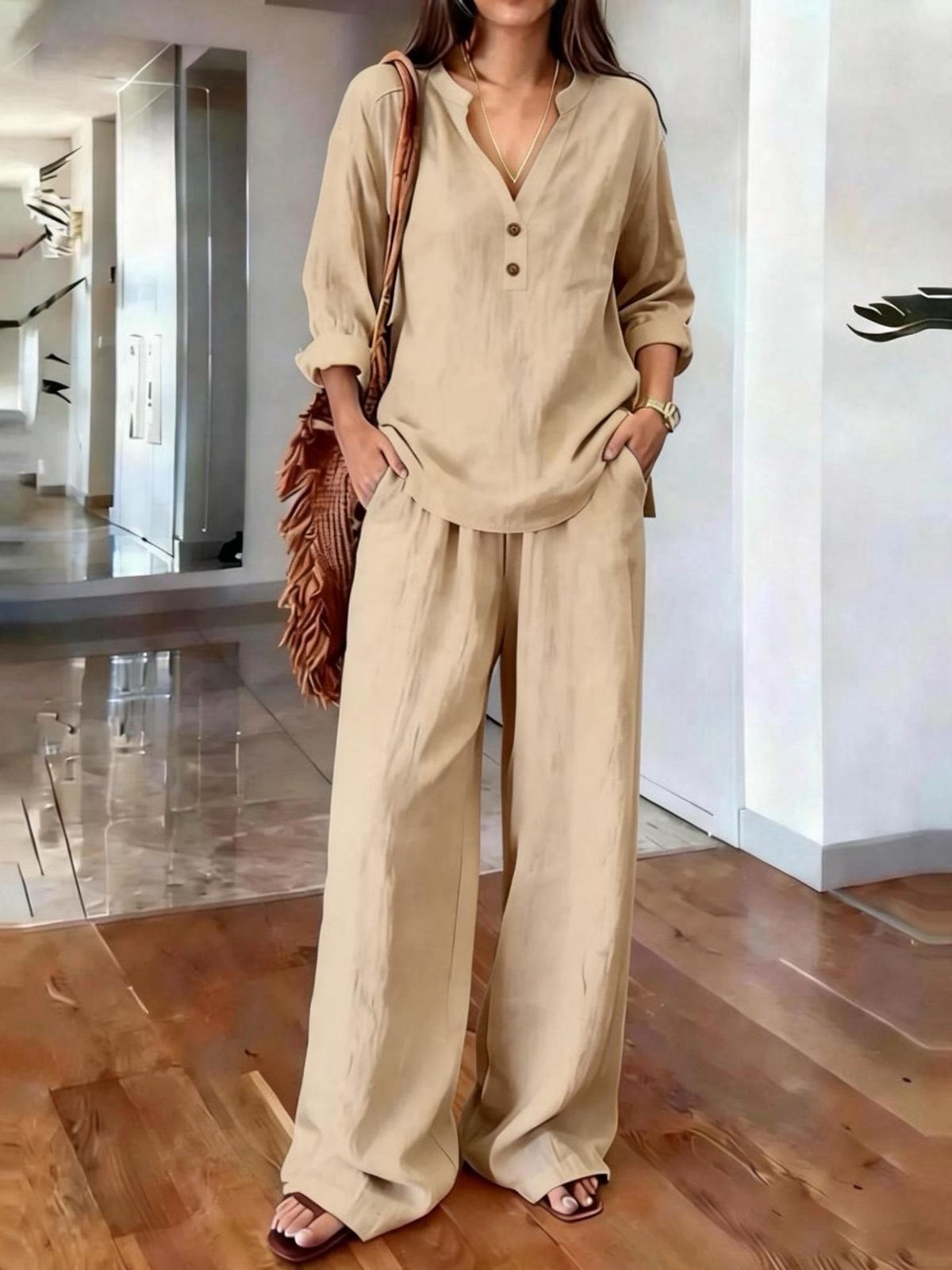 New Women's Long Sleeved Solid Color Two Piece Set Loose Casual Style for European American Independent Websites_ecoleips.com