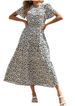 Women's Short Sleeve Round Neck Ruched Elastic Waist Layered Long Skirt Summer Bohemian Floral Flared Sundress_ecoleips.com