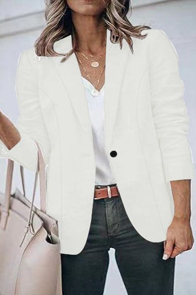 Versatile Long Sleeve Blazer For Women - Solid Color Casual Blazer With Notch Lapel, Single Button Closure, Lightweight Polyester-Spandex Blend_ecoleips.com