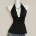 Women's European American Style Halter Neck Tie Backless Ruched Slim Fit Sleeveless Vest Summer Top Flattering Tummy Hider_ecoleips.com