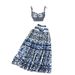Women's Summer Blue White Porcelain Print Suit Short Tube Top Suspender Pleated Skirt 2 Piece Set with Breast Pads_ecoleips.com