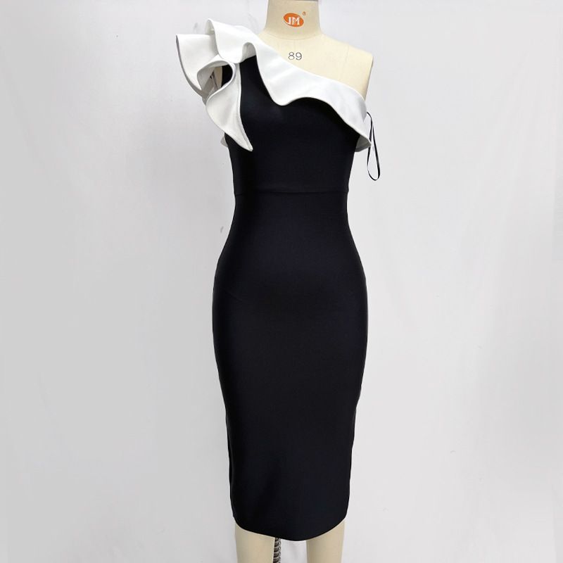 Sexy Bandage Bodycon Dress – One-Shoulder Black & White Cocktail Dress (XS-L) – Stretchy Polyester For Clubbing & Evening Events_ecoleips.com