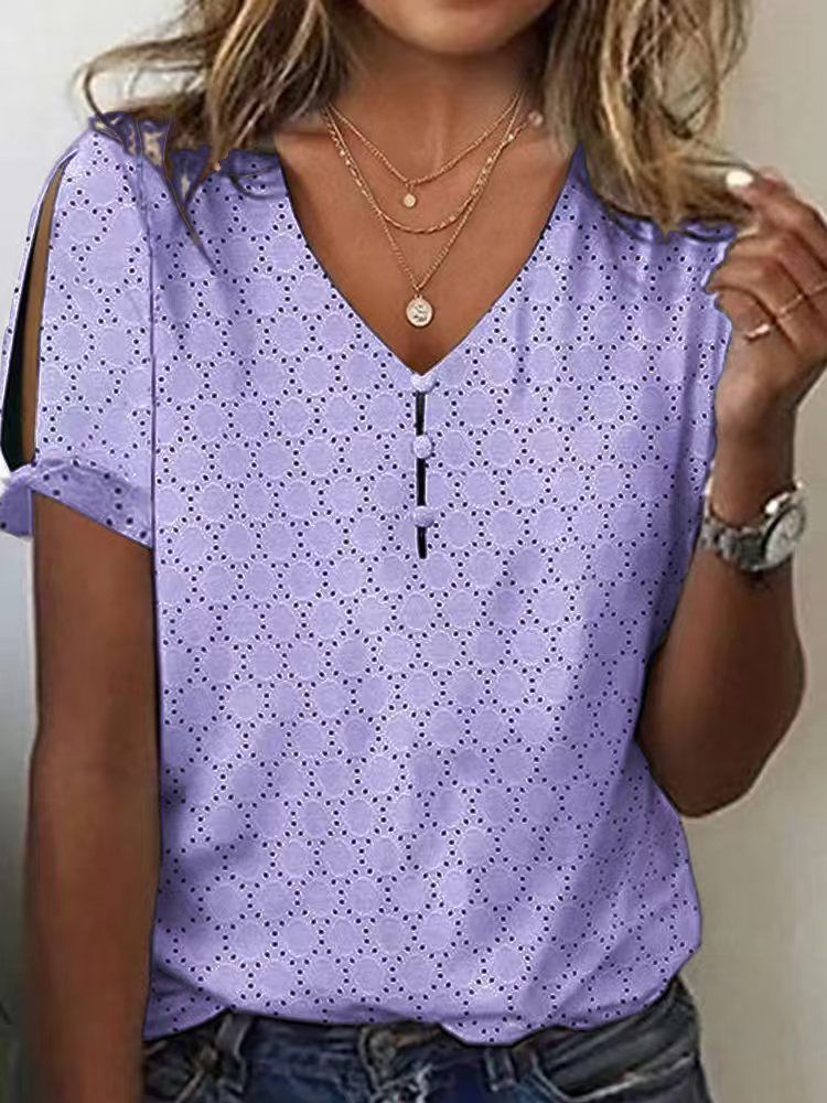 Women's Casual V-Neck T-Shirt Short Sleeve Printed Breathable Polyester Blend Geometric Pattern Comfort Fit for Everyday Wear_ecoleips.com