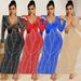 Women's Clothing sexy nightclub hot diamond mesh see-through V-neck long-sleeved long skirt dress for women_ecoleips.com