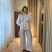 Women’s Clothing Ruffled One Shoulder Cardigan Women's White Shirt Loose Wide Leg Pants Fashion Suit Long Sleeve French Two Piece Suit_ecoleips.com