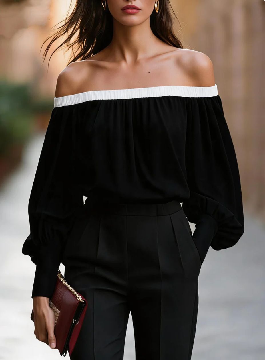 Women's Off-Shoulder Blouse European American Style Loose Fit Lantern Sleeve Solid Color Top_ecoleips.com