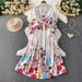Women's Elegant Floral Print Blouse Dress French Vacation Style Lantern Sleeves Waist Tie Mid-Length A-Line Dress_ecoleips.com