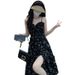 Black Sweet Floral Strap For Women Summer 2025 New High-End Elegant Tea Break With Slit Long Dress_ecoleips.com