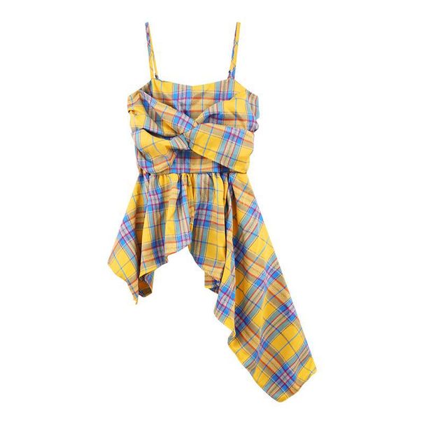 Retro Yellow Plaid Bowknot Camisole For Women, New Summer Sweet Style With Irregular Hem, Dopamine Top_ecoleips.com