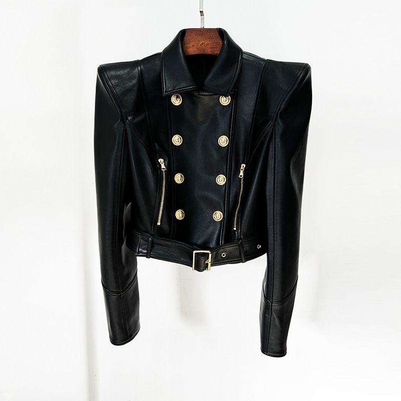 Fashionable Short Biker Jacket With Stand Collar & Double Breasted Buttons - Slim Fit Leather Jacket For Women, Autumn New Arrival_ecoleips.com