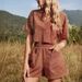 Women's Clothing Cotton And Linen Solid Color V Neck Drop Shoulder Short Sleeve Fashion Casual Loose Shorts Pocket Two Piece Set_ecoleips.com