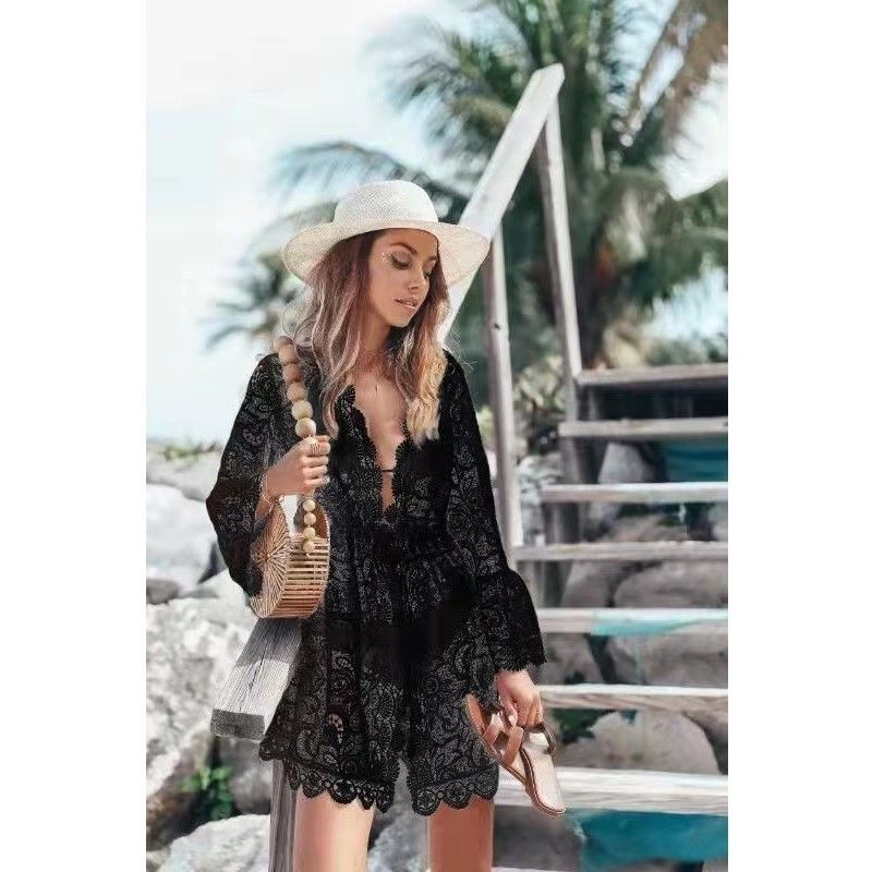 Summer 2022 Sexy V-Neck Bikini Blouse Cross Border European American Style Sunscreen Shirt Lace Beach Dress for Women_ecoleips.com