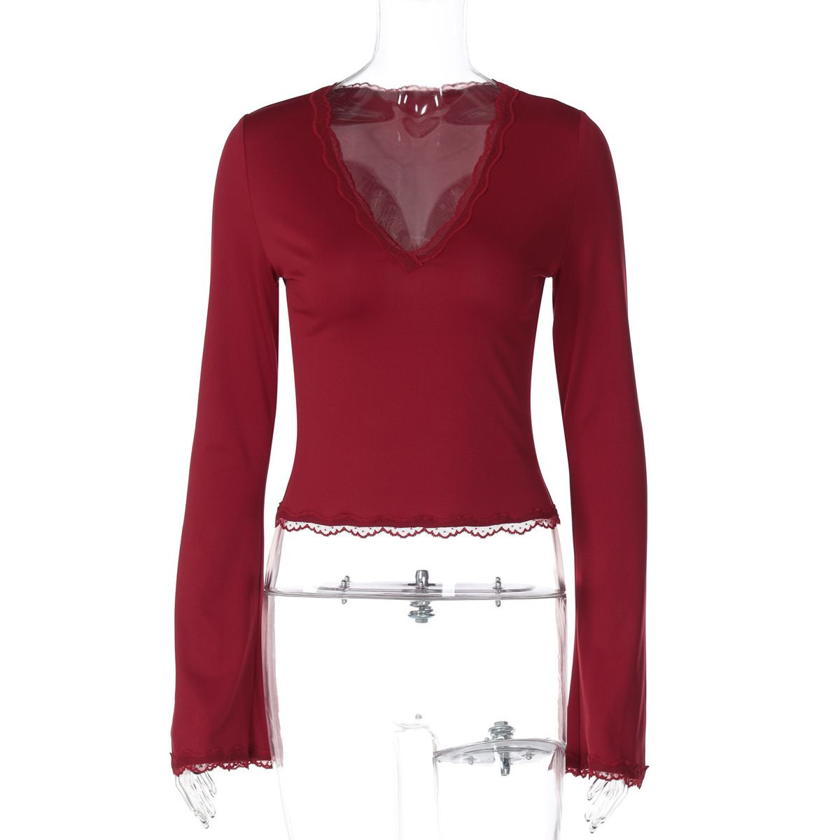 Aria Basics Aria Basics 2025 Autumn New Women's Long Sleeve V-Neck Fashion Sexy Lace Trim Slim Fit T-Shirt Wholesale From Europe And America_ecoleips.com