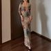 26 Summer Deep V Bias-Cut Bohemian Style Sleeve Slim Fit Printed Women's Two-Piece Long Dress_ecoleips.com