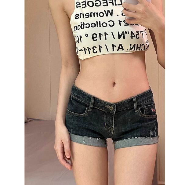Hong Kong-style Retro Low-rise Denim For Women, Summer Version, Tight-fitting, Slimming, Girl Hot Pants, Straight-cut,_ecoleips.com