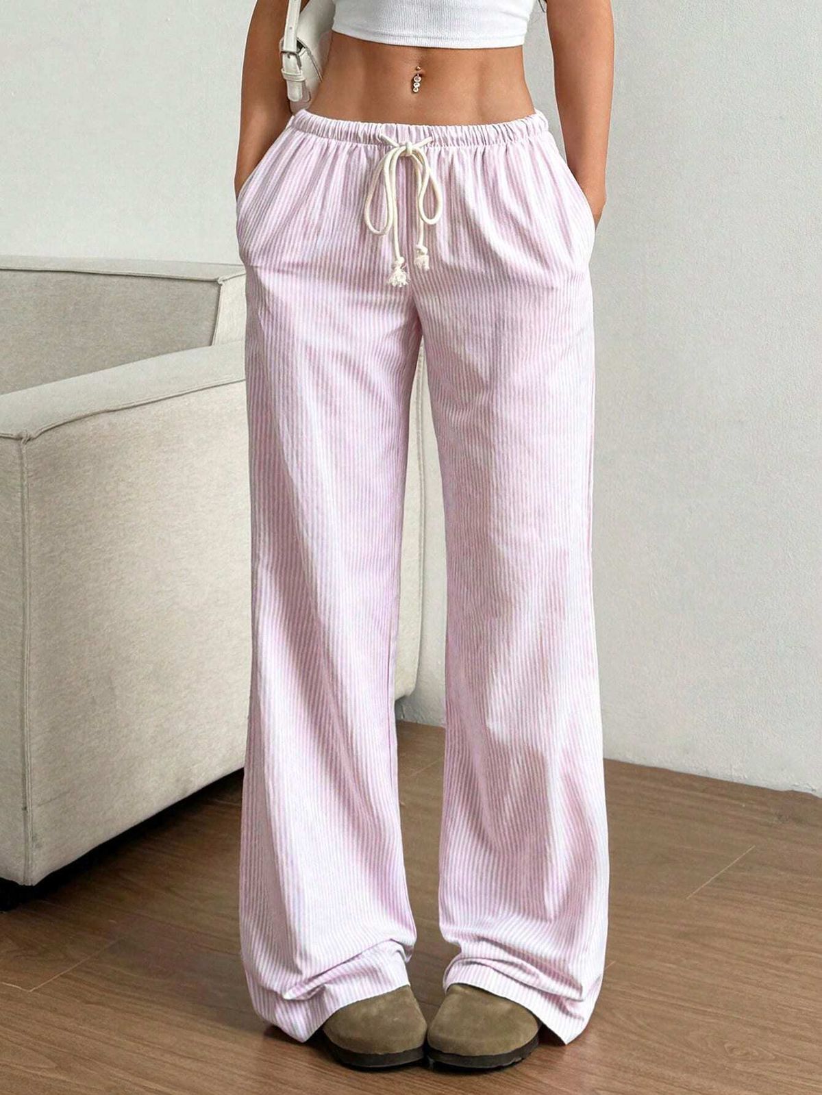 Women's Striped Wide Leg Pants Floor Length Casual Fashion Autumn New 2025 European And American Style Sweet Trousers_ecoleips.com
