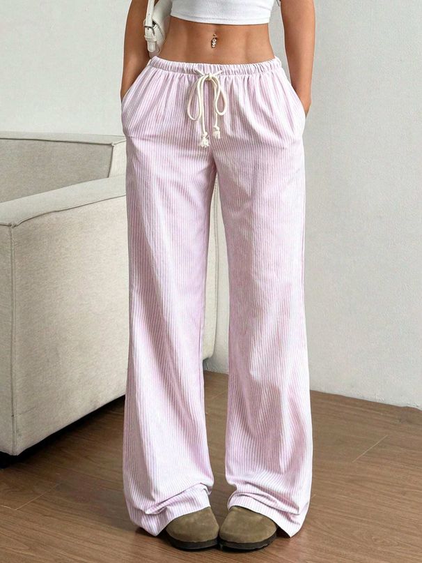 Women's Striped Wide Leg Pants Floor Length Casual Fashion Autumn New 2025 European And American Style Sweet Trousers_ecoleips.com