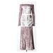 Denim Patchwork Frayed Off-Shoulder Velvet Long Sleeve Women's Crop Top And Skirt Set_ecoleips.com