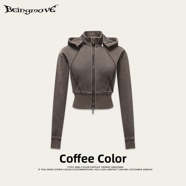 Women's Street Style Retro Washed Sports Detachable Cardigan Hooded Sweatshirt And Flared Slim Fit Trousers Set Outdoor Suit_ecoleips.com