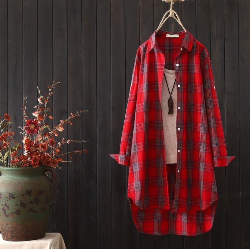 Verve Plus Size Plaid Cotton Linen Women Sleeve Casual Stylish Long Fashion Loose Shirt Jacket_ecoleips.com