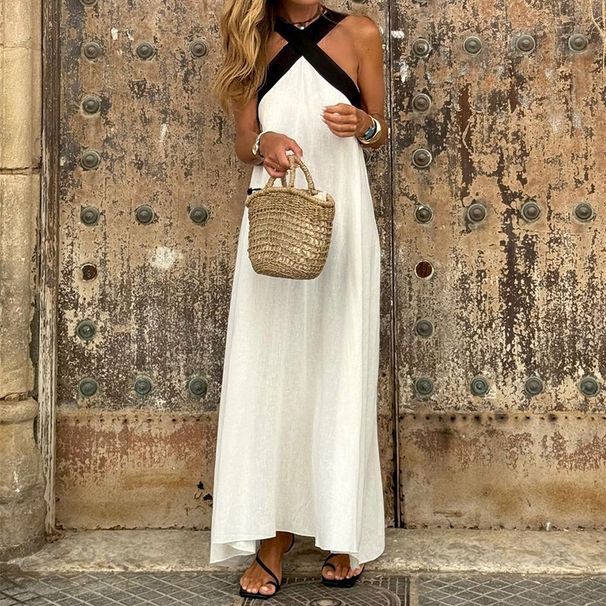 Women's Clothing Women's Spring And Summer New Cross Border Women's Fashion Solid Color Halter Neck Suspenders Sleeveless Cotton And Linen Dress_ecoleips.com