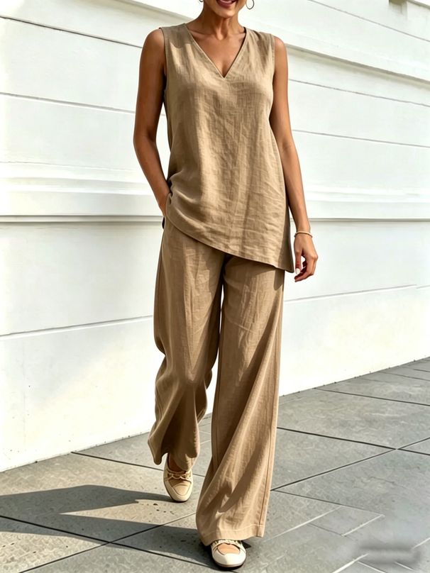 Women's Casual V-Neck Cotton Linen Top And Wide Leg Pants Two-Piece Set Fashion For Comfortable Style_ecoleips.com