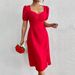 Voya Women's European And American Square Neck Chest Pleated Slit A-line Skirt Ins Popular Bubble Sleeve Red Dress_ecoleips.com