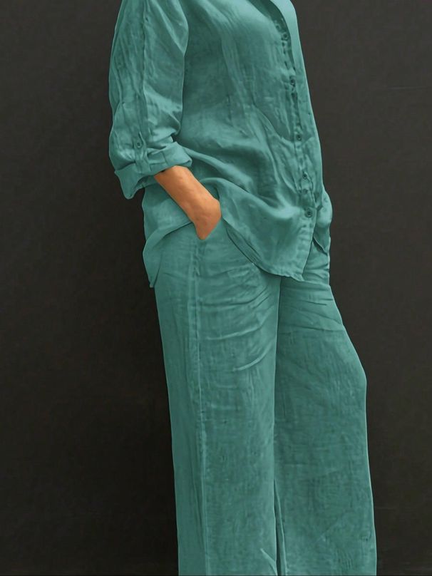 Women's Reversible Long Sleeved Shirt And Elastic Waist Trousers Set Solid Color Lightweight Fabric_ecoleips.com