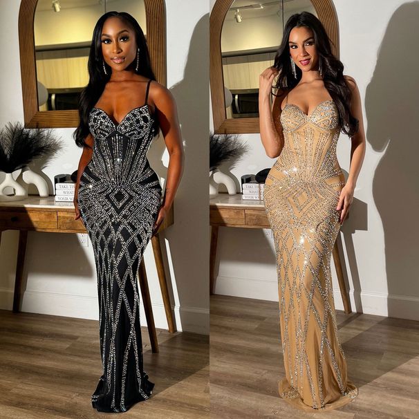 OS7045 New European And American Cross-Border Sexy Fashion Sleeveless Rhinestone Strap Backless Slim Dress Party Gown_ecoleips.com