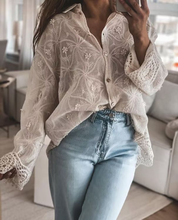 Women's Clothing New Cotton Embroidery Lace Casual Stitching Shirt Tops_ecoleips.com