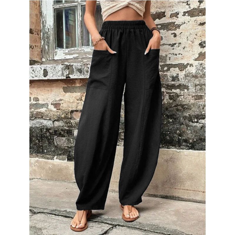 K Women's Pants, Solid Color Pocket Casual Pants, Elastic Pants, Long Pants_ecoleips.com