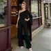 Voya Women's Black Single-sided Off Shoulder Diagonal Neck Pearl Trimmed Loose Hanging Straight Leg Pants With A Stylish Commuting Jumpsuit_ecoleips.com