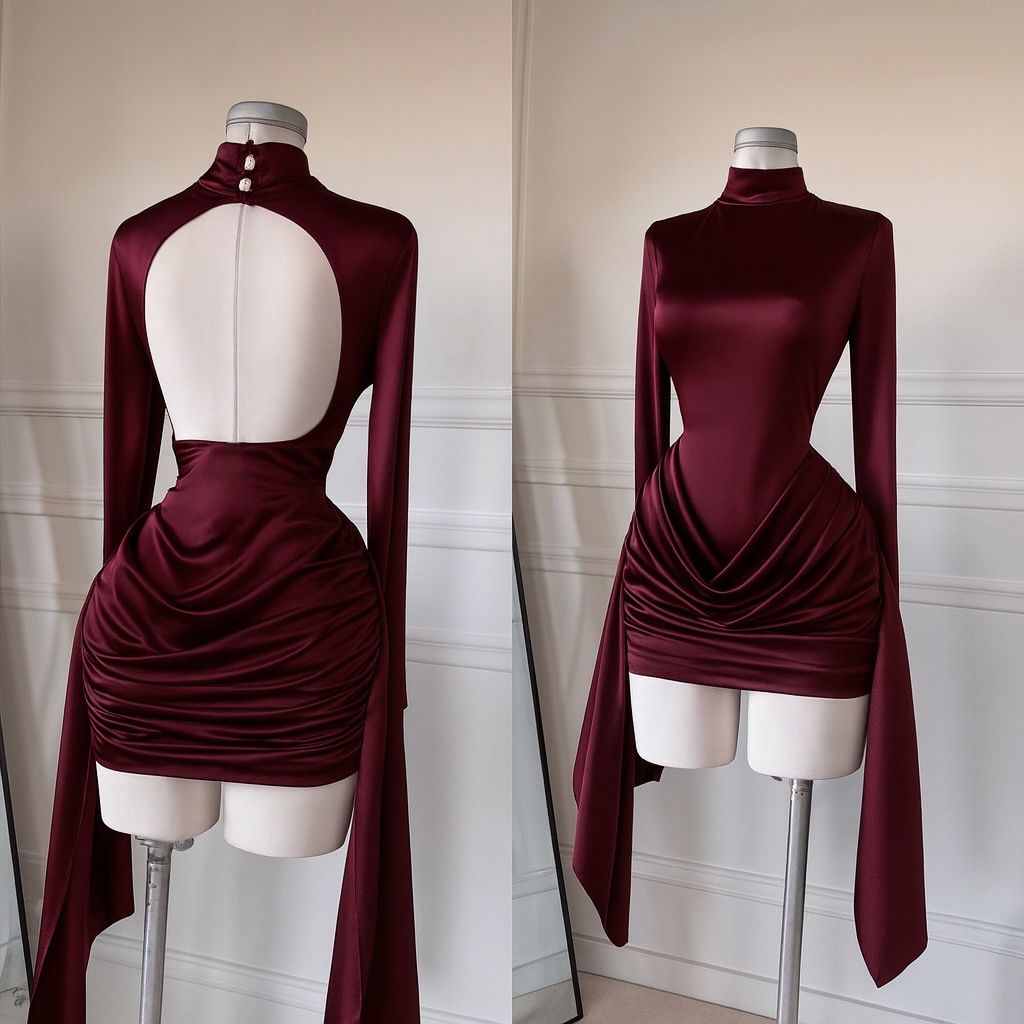 Women's Sexy Backless Mini Dress - Long Sleeve Mock Neck Bodycon Dress With Ruffle Detail, Stretchy Poly-Spandex Blend (4 Colors, XS-XXXL)_ecoleips.com