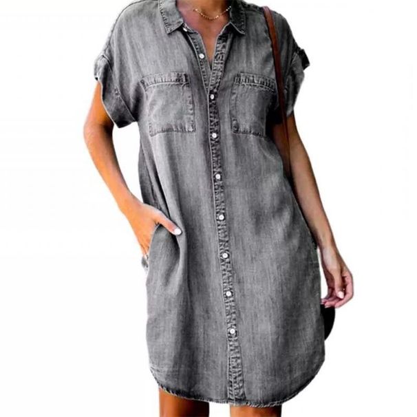 Voya 2023 Cross-border New Product European And American Collared Short-sleeved Slim-fit Denim Shirt Dress For Women,_ecoleips.com