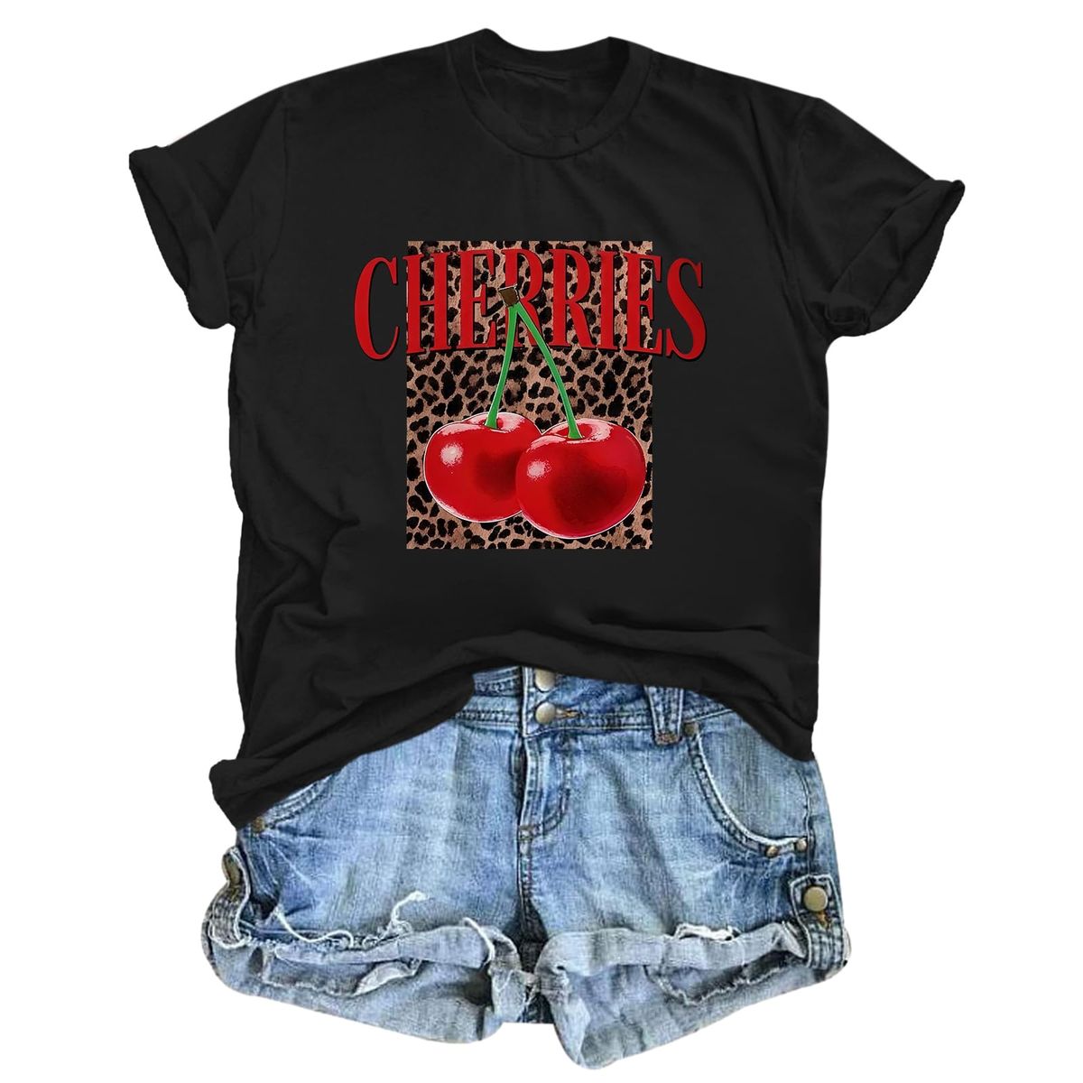 Cherry Leopard Shirts For Women Cute Fruit Cherries Tshirt Vintage Trendy Graphic Tees Aesthetic Short Sleeve Tops_ecoleips.com