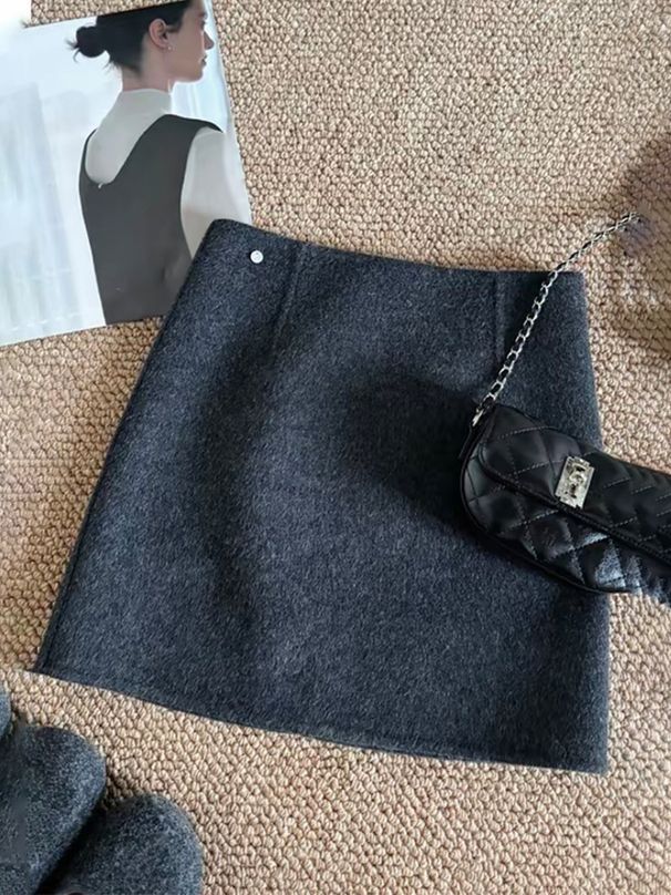 Elegant Solid Color Woolen For Women, Gray Short S, 2025 Autumn/Winter Korean Style Simple Versatile A-line Pencil_ecoleips.com