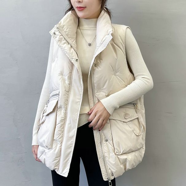 autumn and winter new Korean style down cotton vest women's loose outer wear large pocket embroidered vest jacket_ecoleips.com