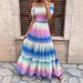 WG223 Cross-Border Spring/Summer New Printed Tie-Dye Rainbow Color Off-Shoulder Sweet And Fresh Dress_ecoleips.com