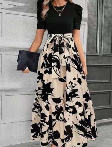 Women's Floral Print Round Neck Midi Dress – Elegant Resort Wear With Exotic Vacation Style For Spring Summer 2026_ecoleips.com