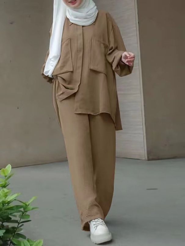 2025 Muslim Solid Color Fashion Casual Long Sleeve Shirt And Pants Two-Piece Set_ecoleips.com