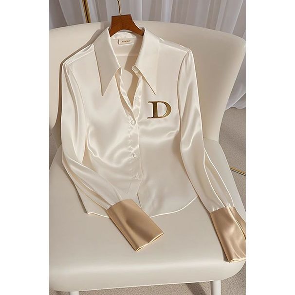 Women's White Acetate Satin Shirt Casual Elegant Fashion Office Lady Street Style Spring Autumn Chic Light Luxury Design Top_ecoleips.com
