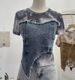 Women's Clothing Real Shot Of Raw Edge Denim Stitching Tie Dyed Mesh Slim Irregular Two Piece Short Sleeved Top Short T Shirt_ecoleips.com
