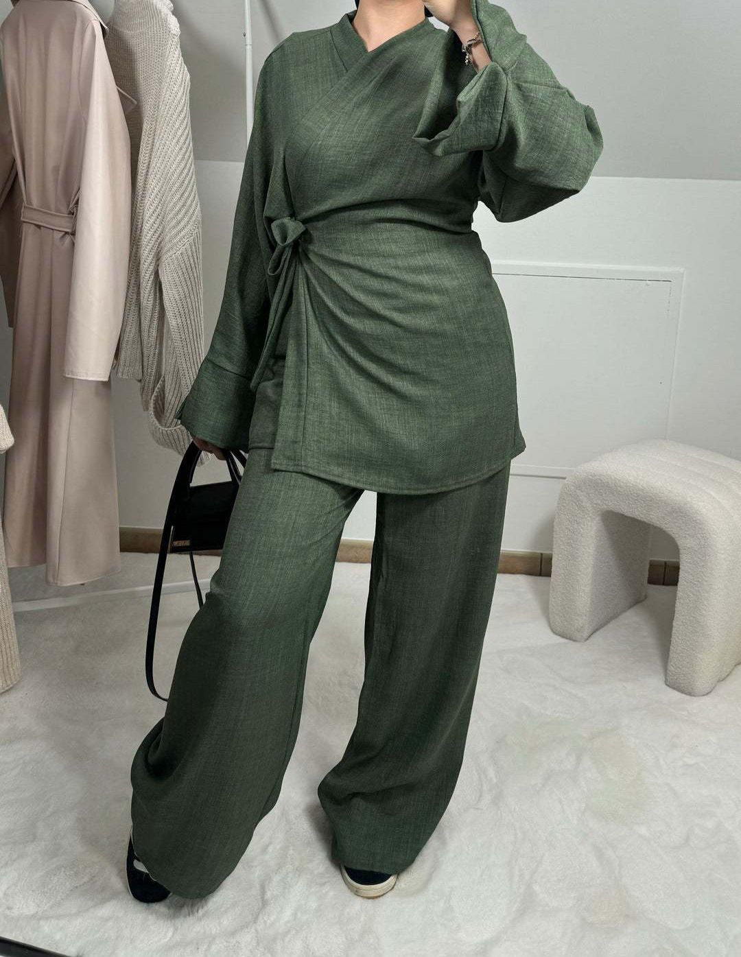 Voya Women's Lace Up Top With Wide Leg Pants, Two-piece Set With Buttonless Top And Waistband, Paired With Wide Leg Pants_ecoleips.com