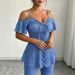 off Shoulder Faux Denim Two Piece Set Pure Alluring High Waisted Ruffled Top And High Waisted Flared Pants Women's Clothing_ecoleips.com
