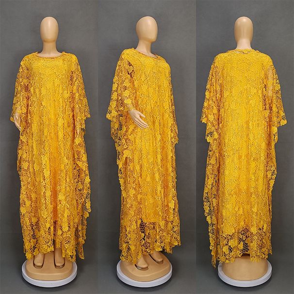 Women's Clothing Plus Size Clothes Elegant Water-Soluble Lace Plus Size Dress For Women – Loose Long Robe With Short Sleeves_ecoleips.com