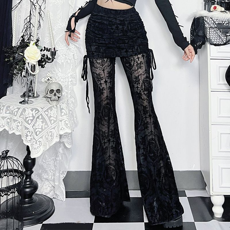 Elegant Sexy Cross Flocked Skirt Pants for Women Versatile European American Style Autumn 2024 New Arrival CF24374_ecoleips.com