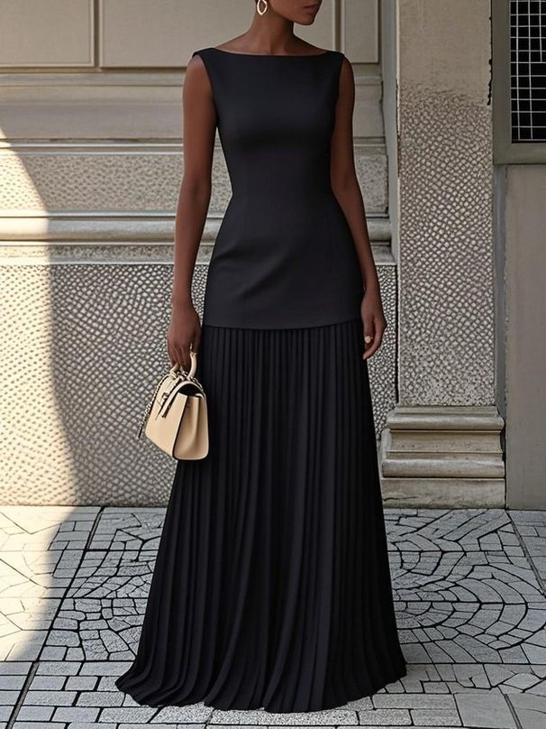 Elegant Patchwork Pleated Skirt Sets Women Sleeveless Crew Neck Top & Loose Skirt Female 2025 Ladies Evening Party 2 Piece Set_ecoleips.com
